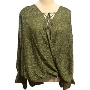 Umgee Olive Green Dotted Surplice Lace Up Boho Blouse Size L